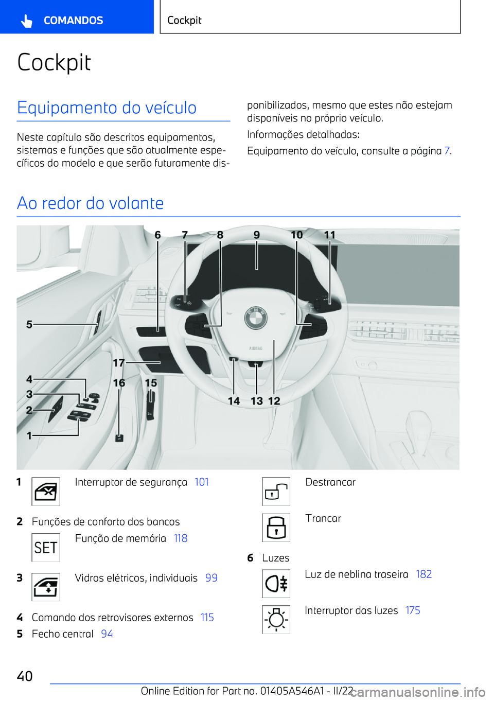 BMW I4 2022  Manual do condutor (in Portuguese) CockpitEquipamento do ve