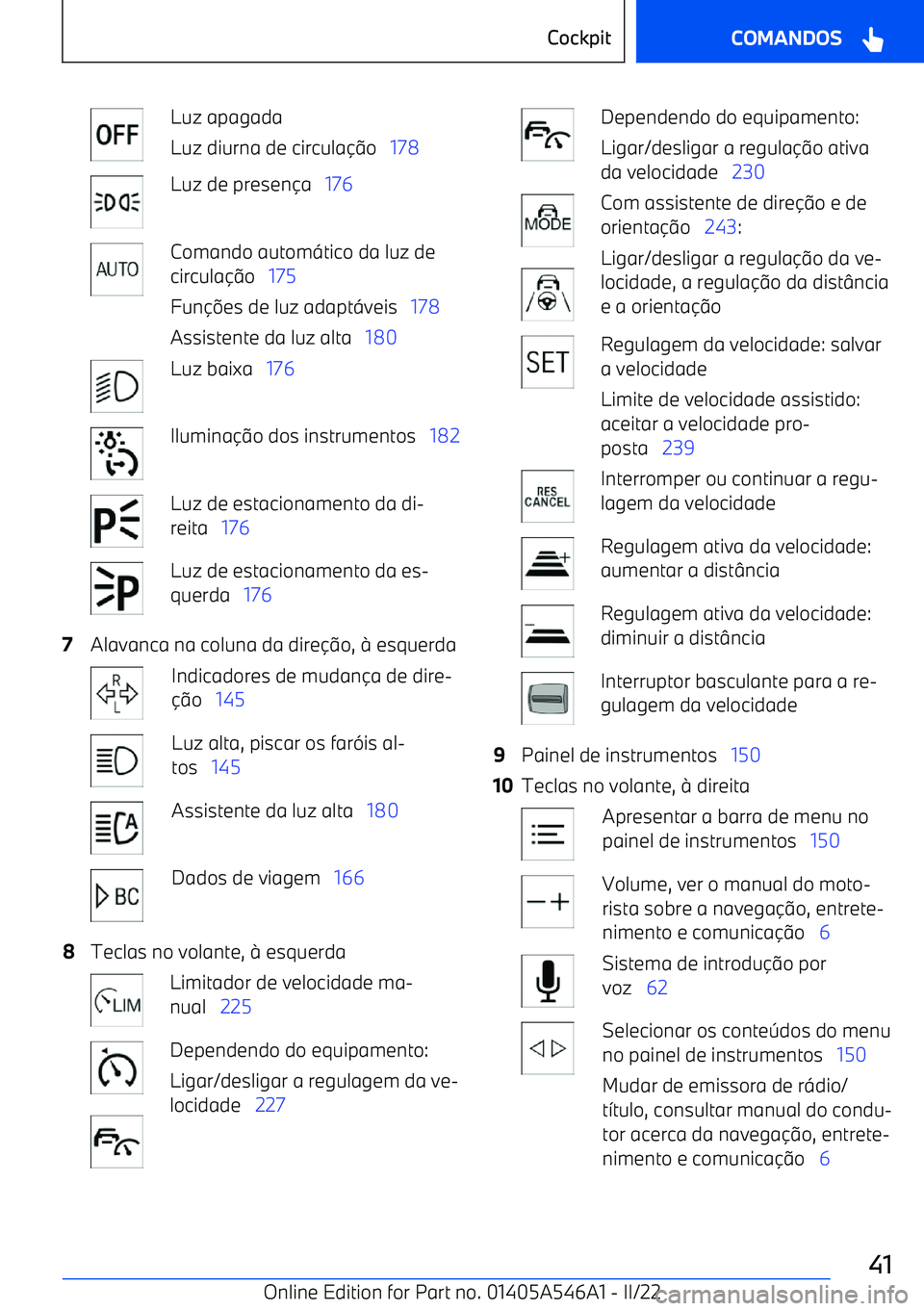 BMW I4 2022  Manual do condutor (in Portuguese) Luz apagada
Luz diurna de circula o    178Luz de presen a    176Comando autom