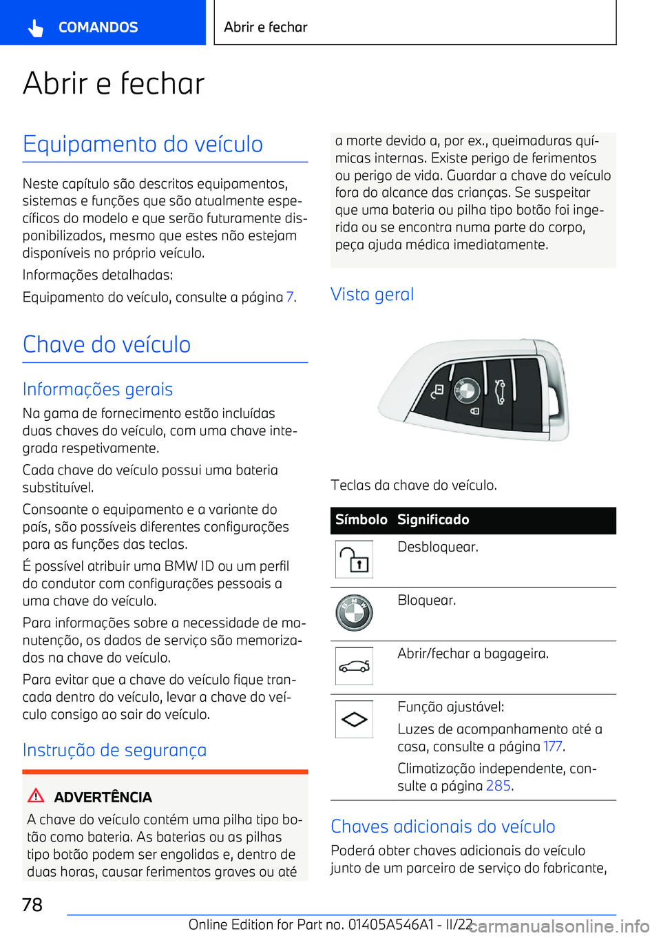 BMW I4 2022  Manual do condutor (in Portuguese) Abrir e fecharEquipamento do ve