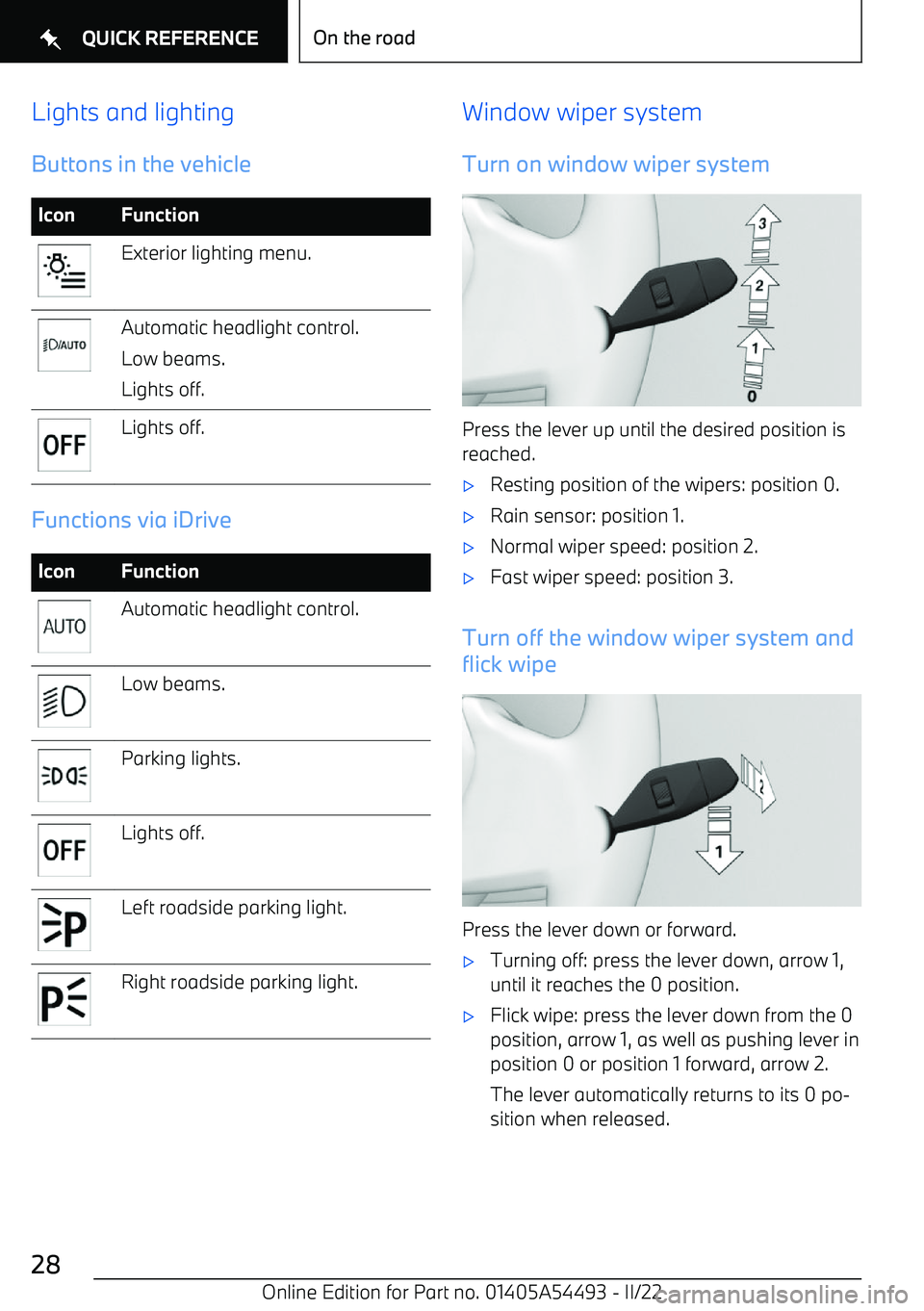 BMW IX 2022  Owners Manual Lights and lightingButtons in the vehicleIconFunctionExterior lighting menu.Automatic headlight control.
Low beams.
Lights off.Lights off.
Functions via iDrive
IconFunctionAutomatic headlight control.