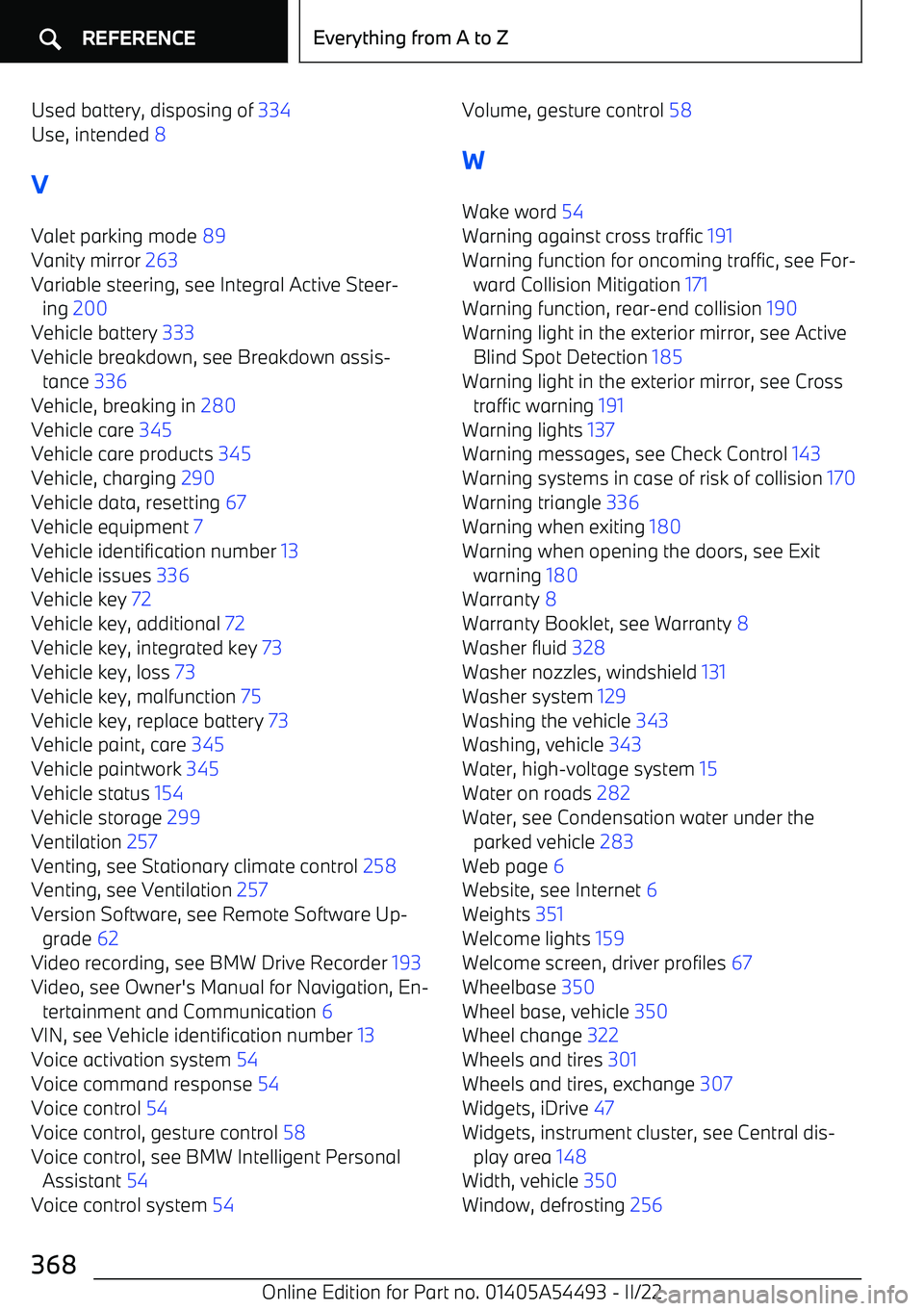 BMW IX 2022  Owners Manual Used battery, disposing of 334 
Use, intended  8 
V Valet parking mode  89 
Vanity mirror  263 
Variable steering, see Integral Active Steer