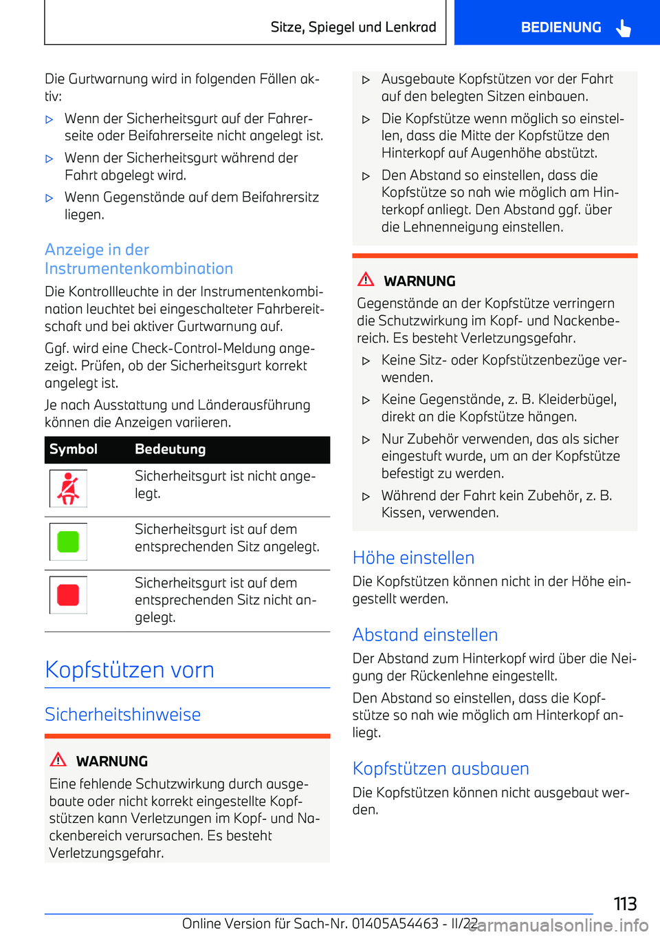 BMW IX 2022 Betriebsanleitungen (in German) Die Gurtwarnung wird in folgenden F BMW IX 2022 Betriebsanleitungen (in German) Die Gurtwarnung wird in folgenden F