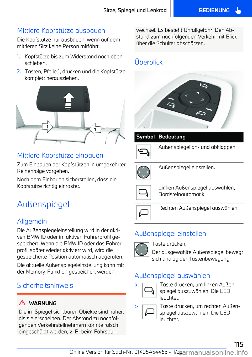 BMW IX 2022  Betriebsanleitungen (in German) Mittlere Kopfst