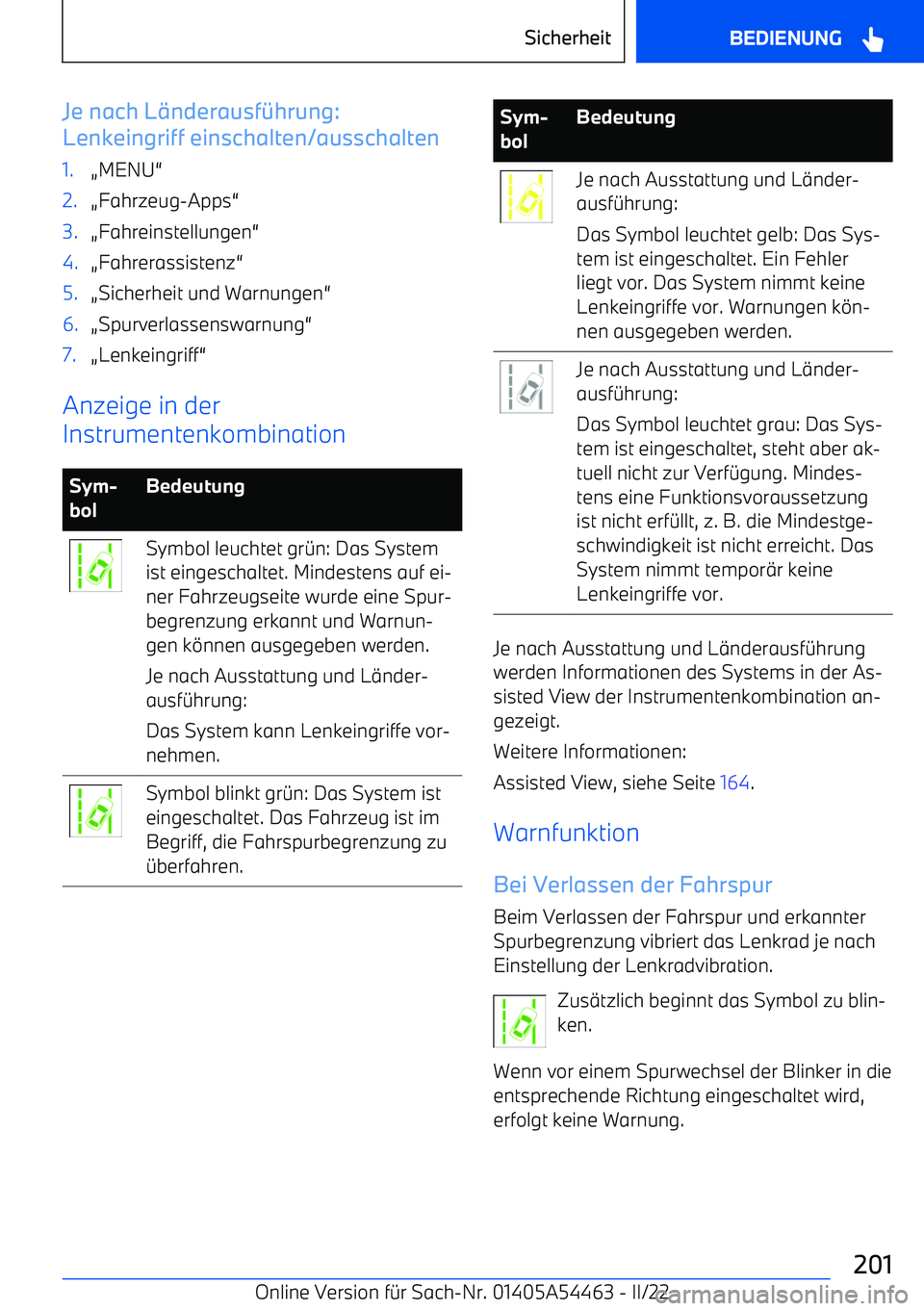 BMW IX 2022  Betriebsanleitungen (in German) Je nach Lnderausf \hrung:
Lenkeingriff einschalten/ausschalten1.A MENU