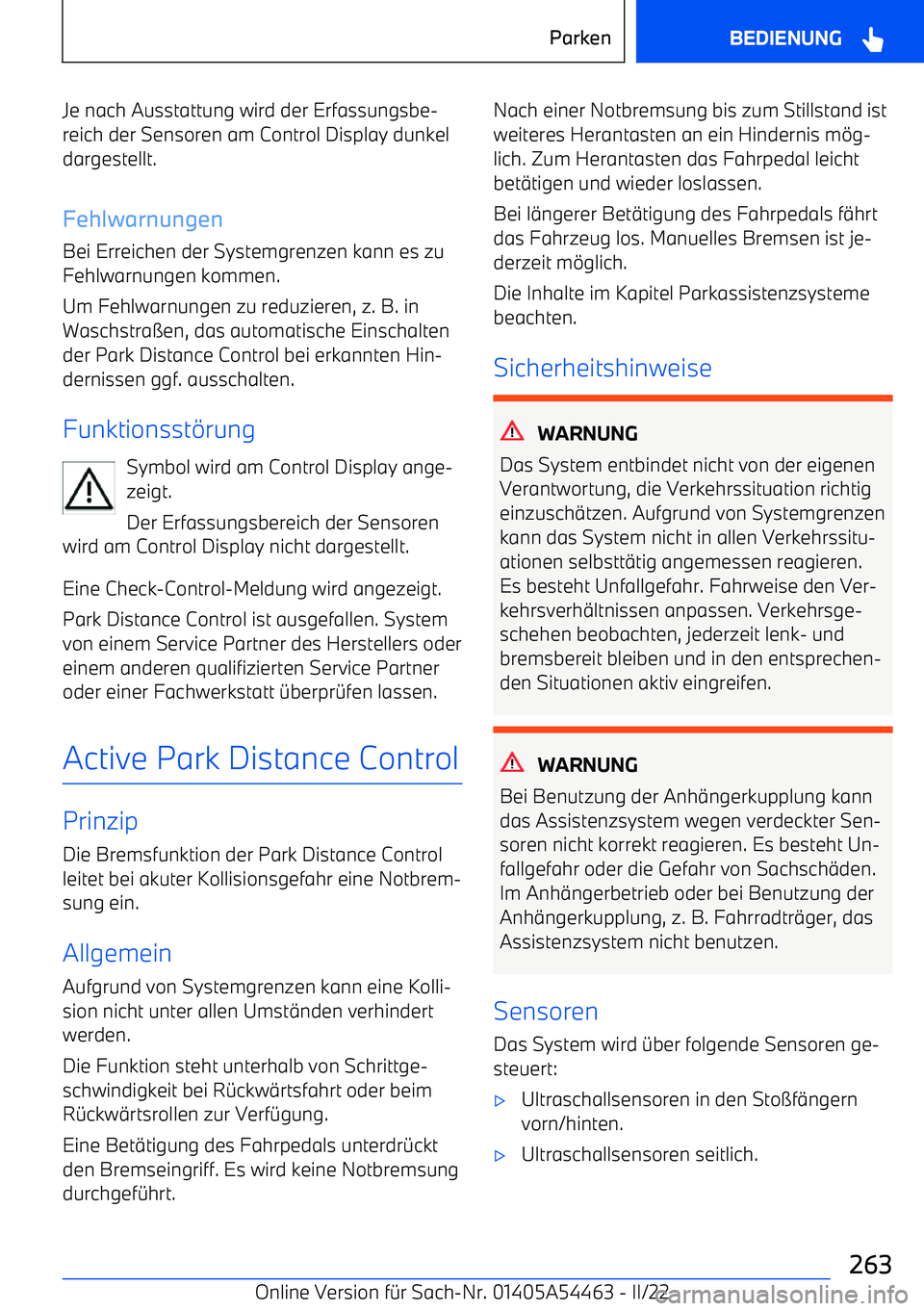 BMW IX 2022 Betriebsanleitungen (in German) Je nach Ausstattung wird der Erfassungsbe BMW IX 2022 Betriebsanleitungen (in German) Je nach Ausstattung wird der Erfassungsbe