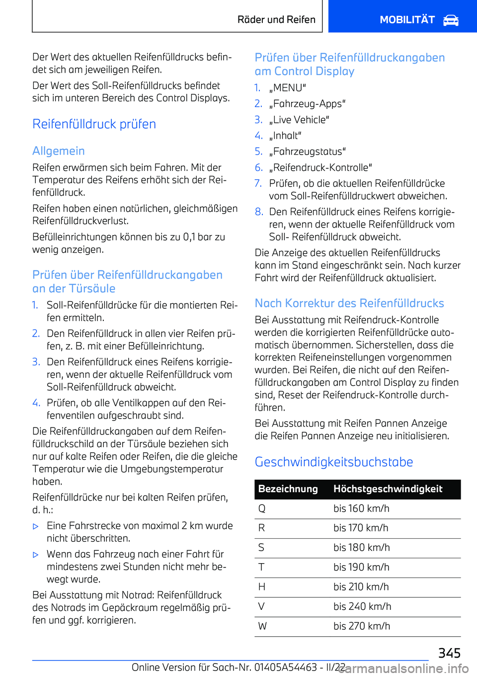 BMW IX 2022  Betriebsanleitungen (in German) Der Wert des aktuellen Reifenf