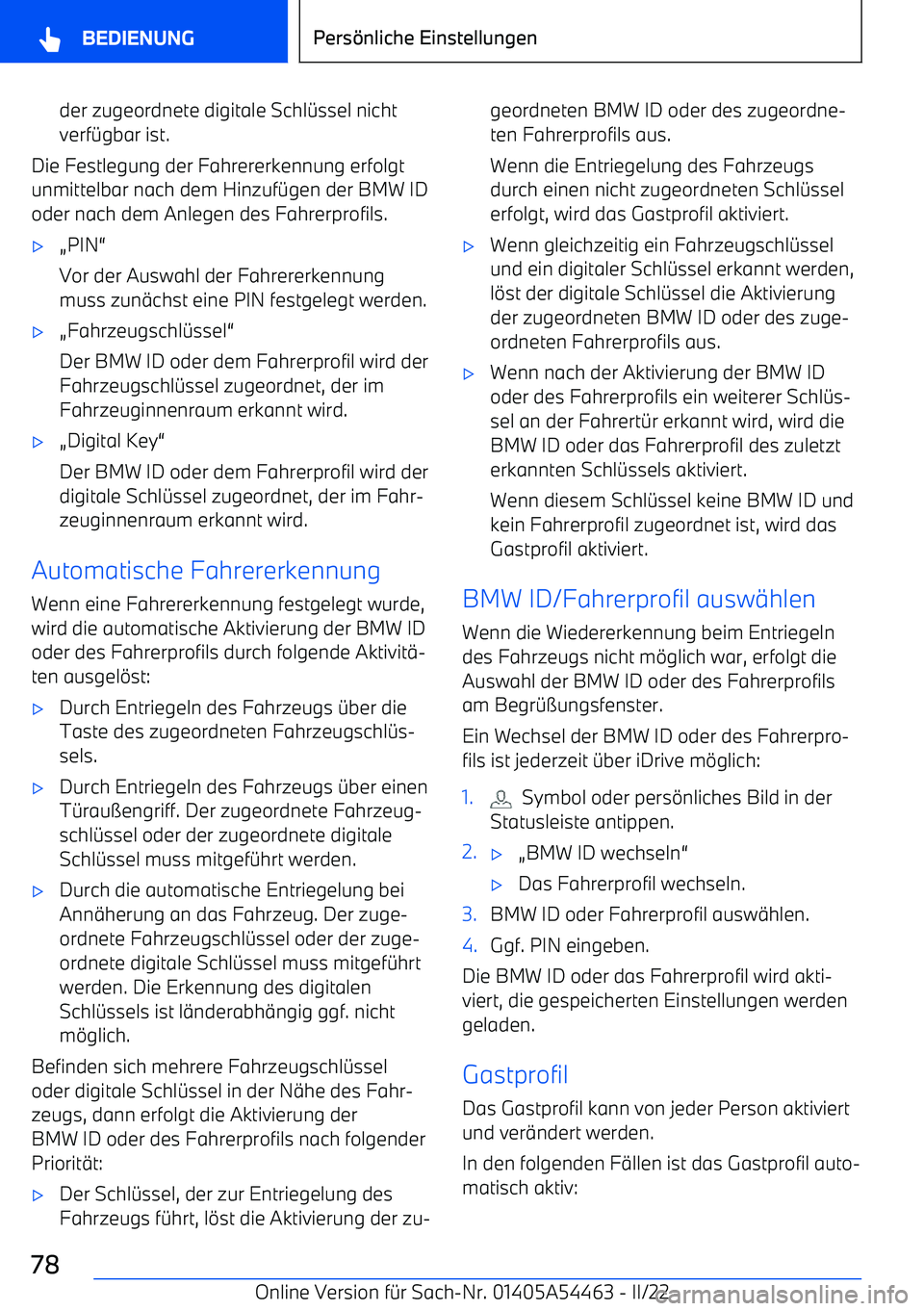 BMW IX 2022  Betriebsanleitungen (in German) der zugeordnete digitale Schl