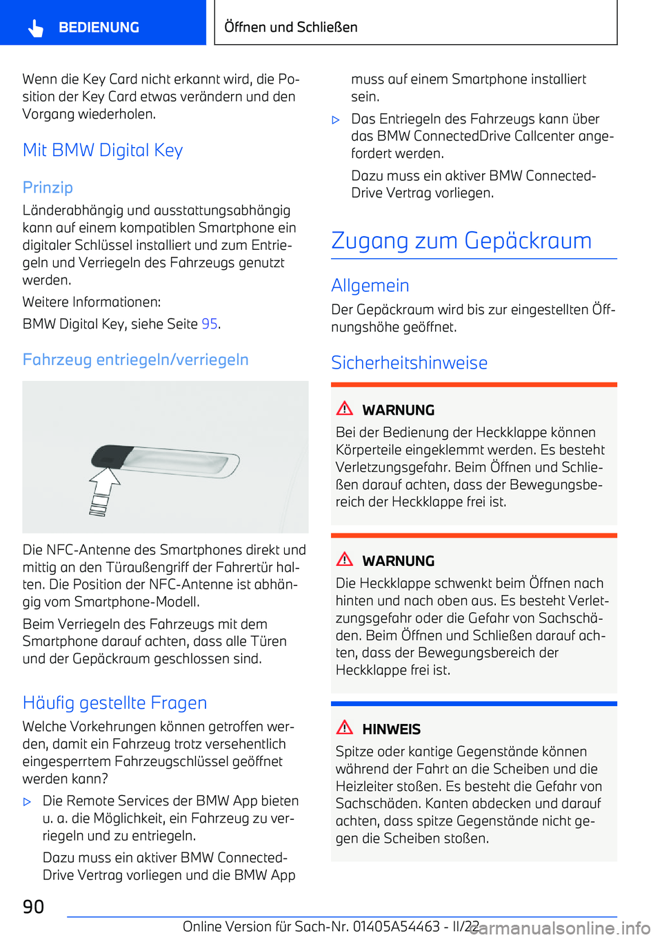 BMW IX 2022  Betriebsanleitungen (in German) Wenn die Key Card nicht erkannt wird, die Po