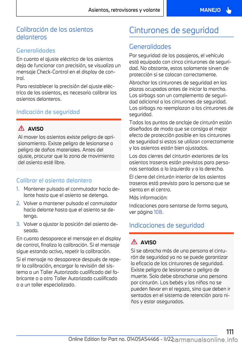 BMW IX 2022  Manuales de Empleo (in Spanish) Calibraci