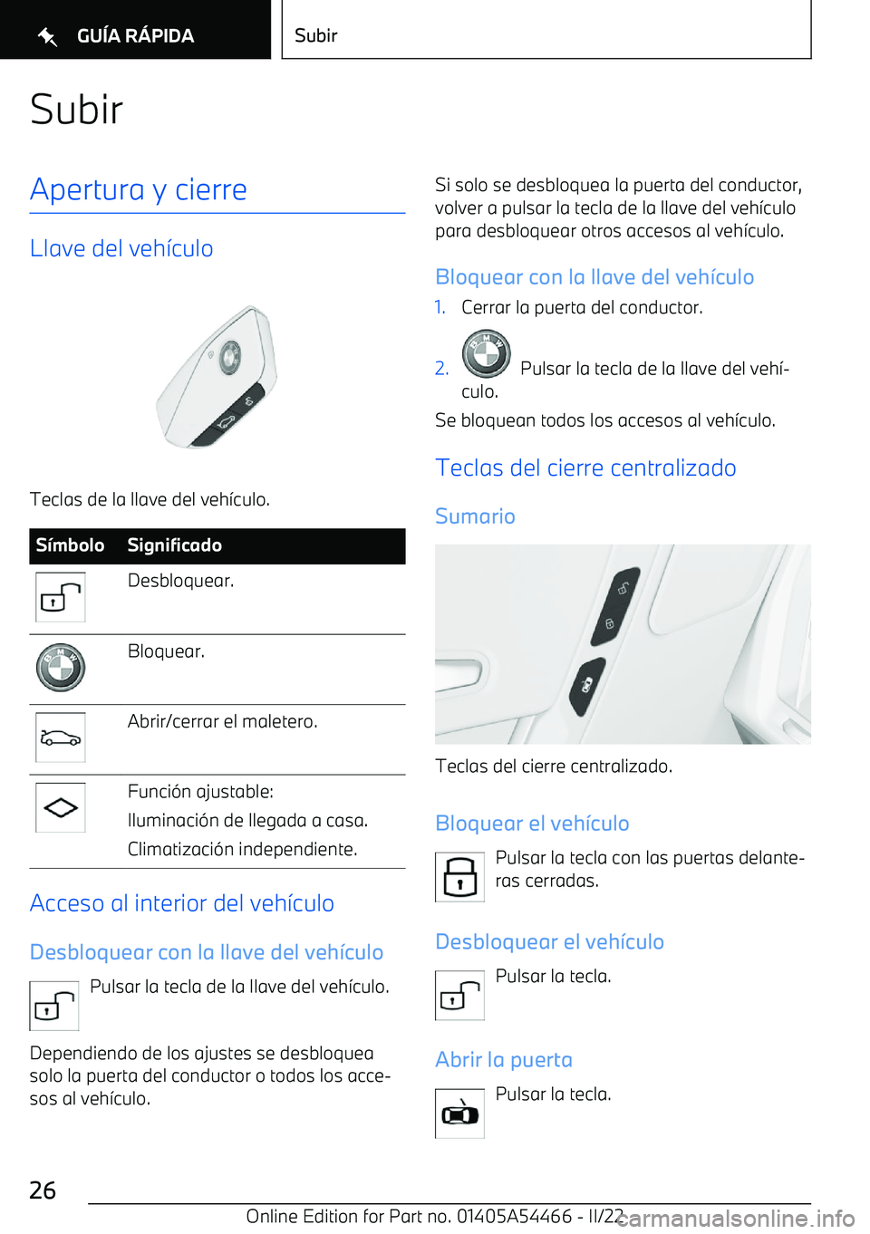 BMW IX 2022 Manuales de Empleo (in Spanish) SubirApertura y cierre
Llave del veh BMW IX 2022 Manuales de Empleo (in Spanish) SubirApertura y cierre
Llave del veh