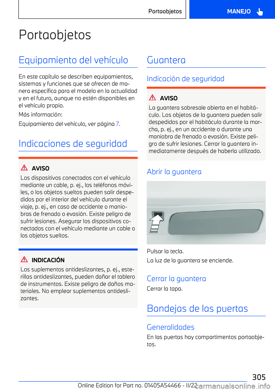 BMW IX 2022  Manuales de Empleo (in Spanish) PortaobjetosEquipamiento del veh