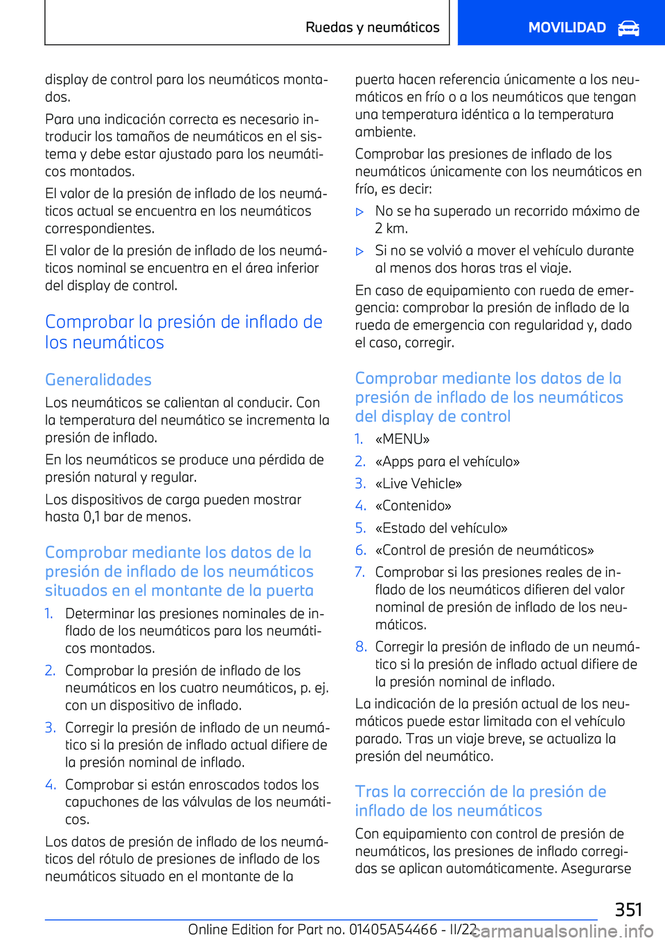 BMW IX 2022 Manuales de Empleo (in Spanish) display de control para los neum BMW IX 2022 Manuales de Empleo (in Spanish) display de control para los neum