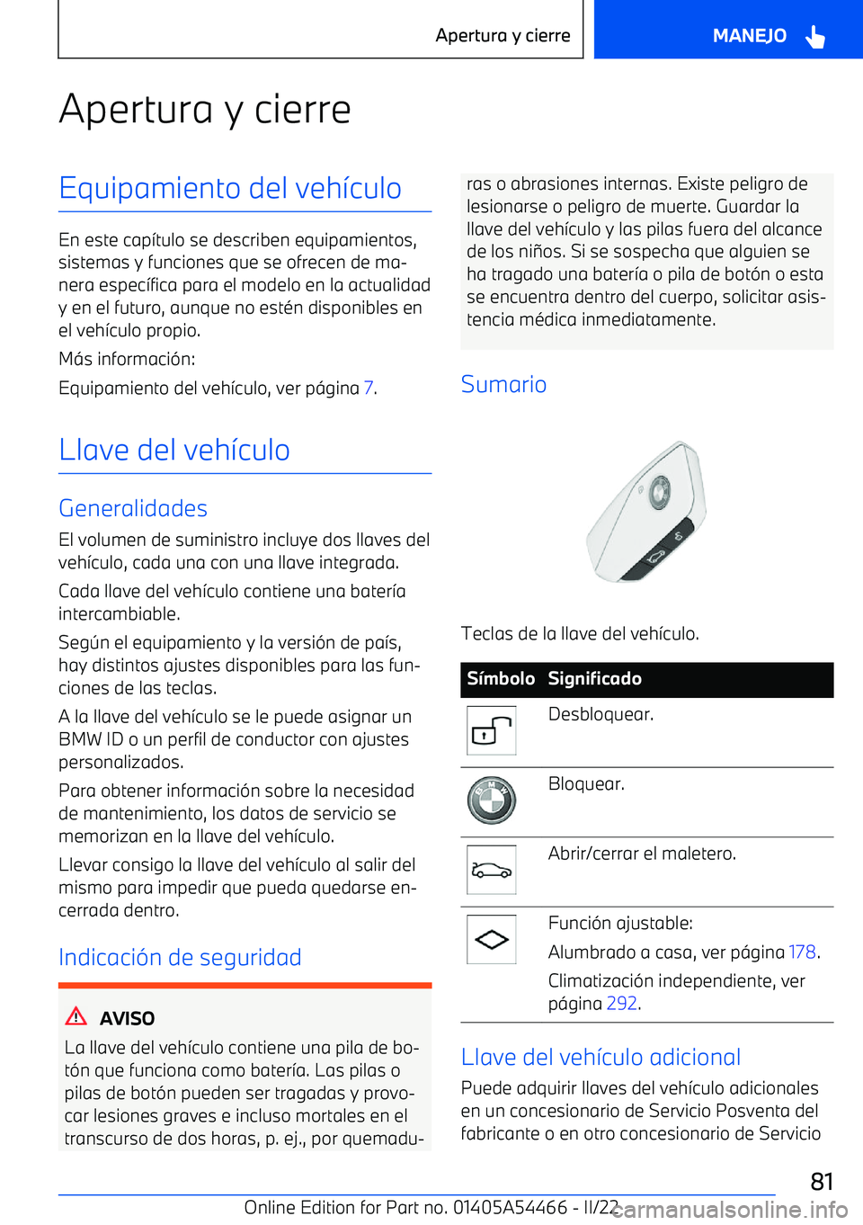 BMW IX 2022  Manuales de Empleo (in Spanish) Apertura y cierreEquipamiento del veh