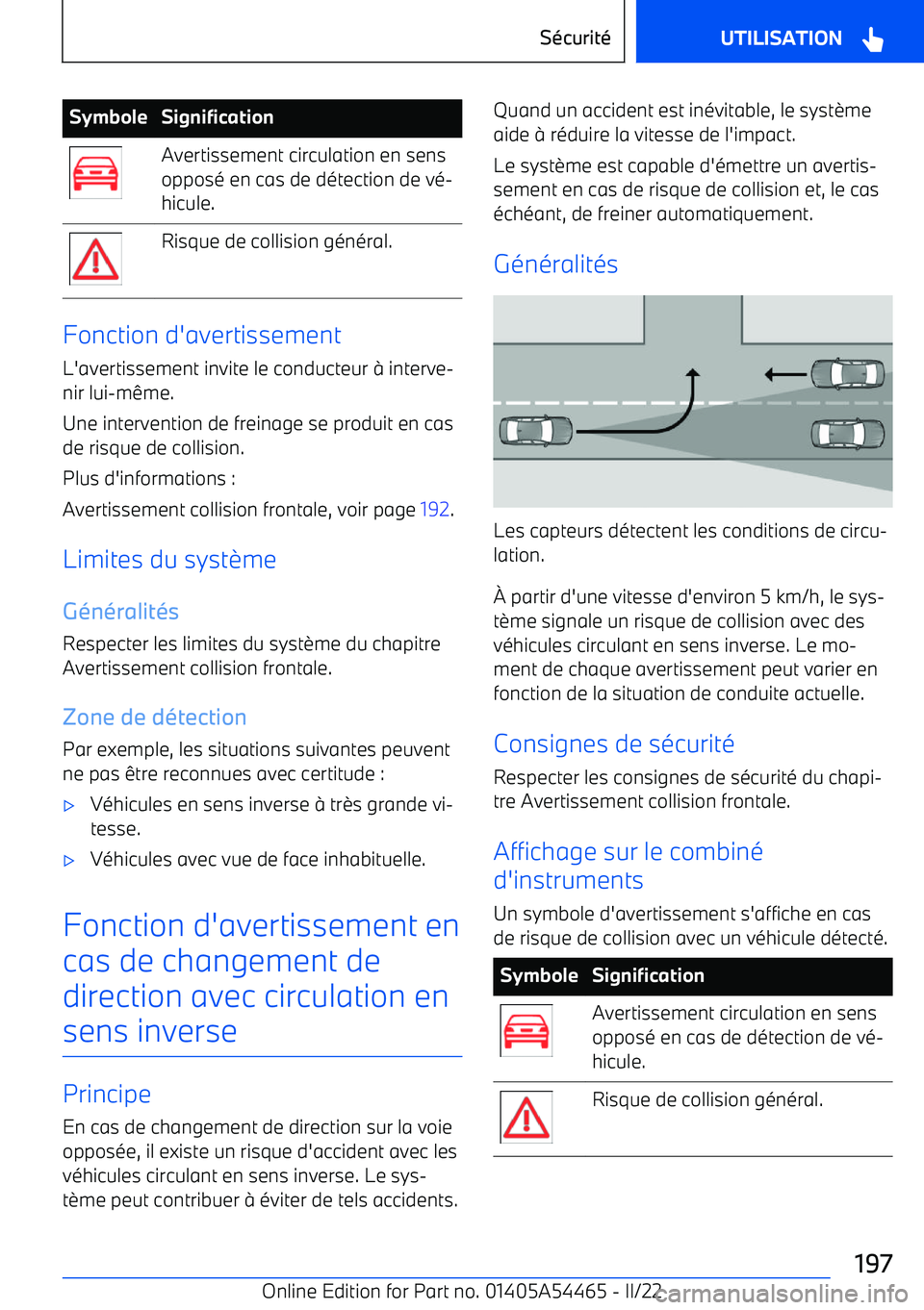 BMW IX 2022 Notices Demploi (in French) SymboleSignificationAvertissement circulation en sens
opposé en cas de détection de vé BMW IX 2022 Notices Demploi (in French) SymboleSignificationAvertissement circulation en sens
opposé en cas de détection de vé