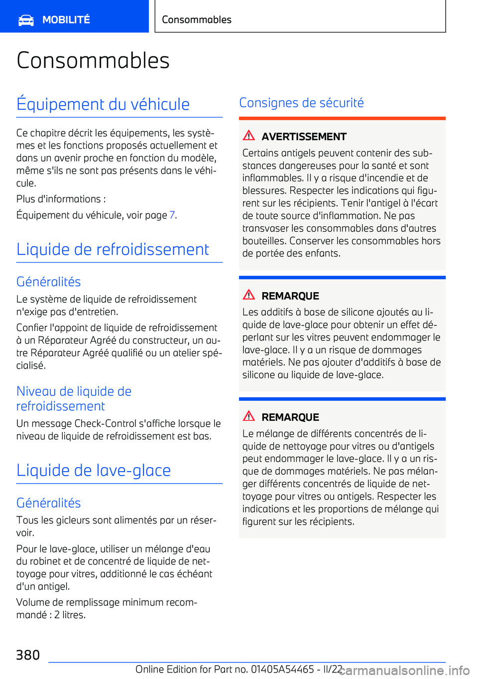 BMW IX 2022 Notices Demploi (in French) Consommables BMW IX 2022 Notices Demploi (in French) Consommables
