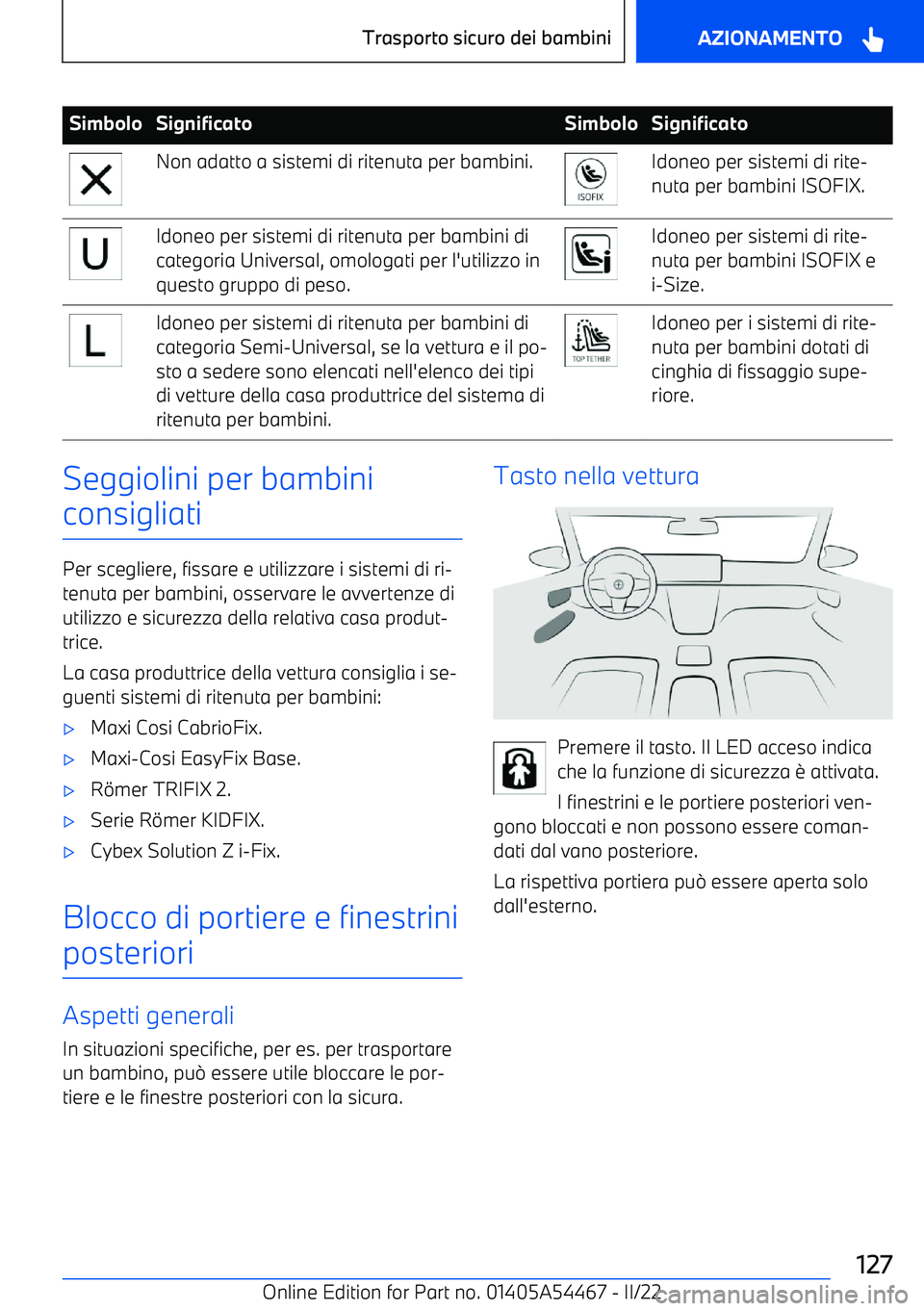 BMW IX 2022  Libretti Di Uso E manutenzione (in Italian) SimboloSignificatoSimboloSignificatoNon adatto a sistemi di ritenuta per bambini.Idoneo per sistemi di rite