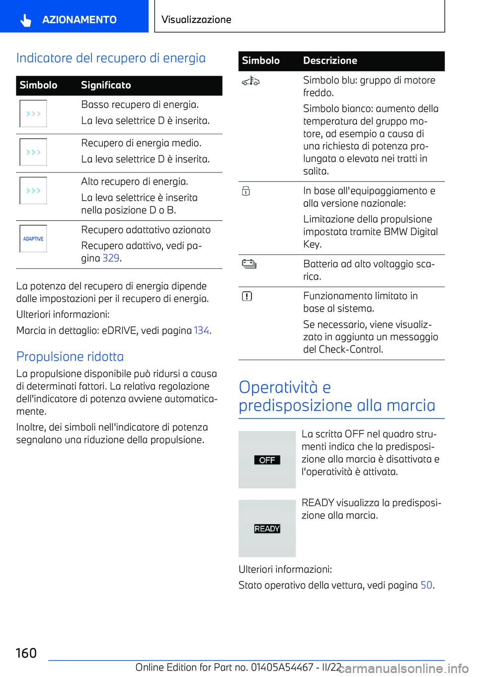 BMW IX 2022  Libretti Di Uso E manutenzione (in Italian) Indicatore del recupero di energiaSimboloSignificatoBasso recupero di energia.
La leva selettrice D 
