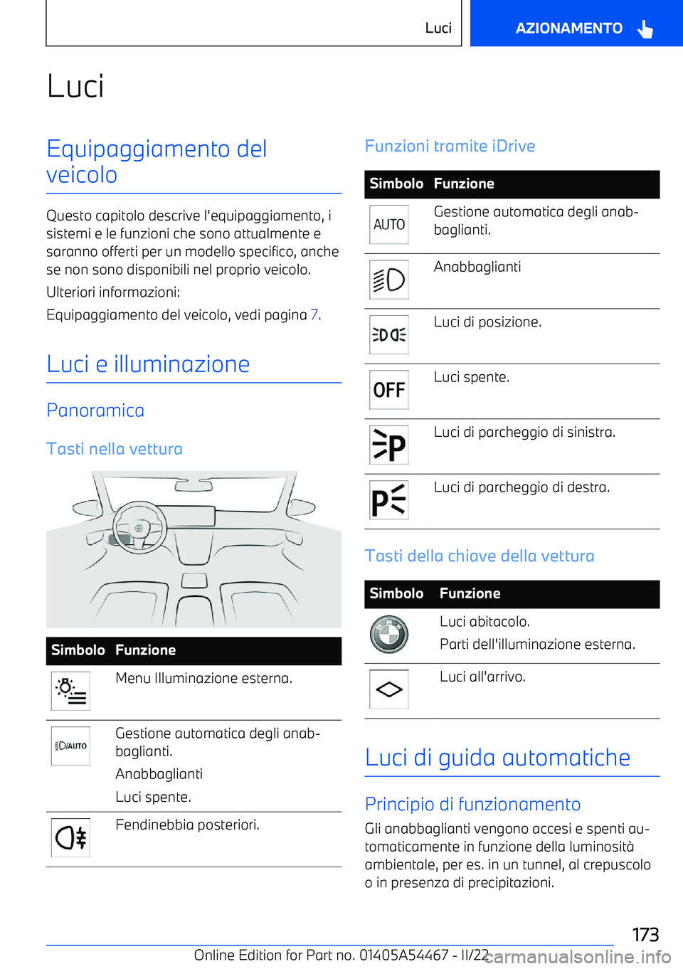 BMW IX 2022  Libretti Di Uso E manutenzione (in Italian) LuciEquipaggiamento del
veicolo
Questo capitolo descrive l