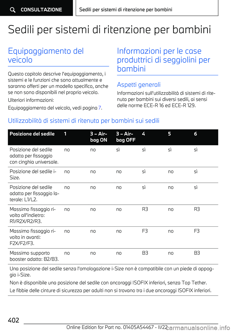 BMW IX 2022  Libretti Di Uso E manutenzione (in Italian) Sedili per sistemi di ritenzione per bambiniEquipaggiamento del
veicolo
Questo capitolo descrive l