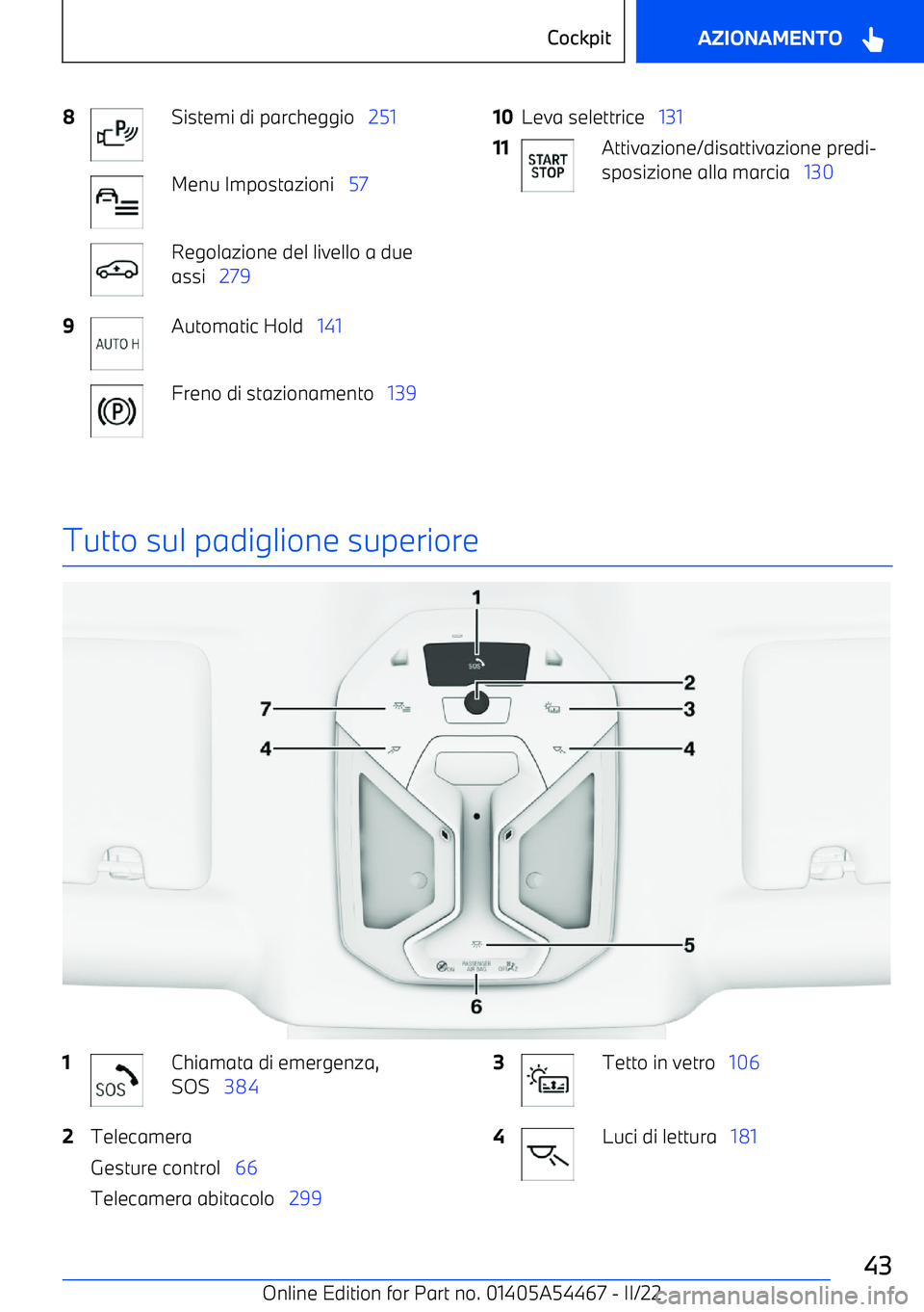 BMW IX 2022 Libretti Di Uso E manutenzione (in Italian) 8Sistemi di parcheggio 251Menu Impostazioni 57Regolazione del livello a due
assi 2799Automatic Hold 141Freno di stazionamento 13910Leva selettrice 13111Attivazione/disattivazione predi BMW IX 2022 Libretti Di Uso E manutenzione (in Italian) 8Sistemi di parcheggio 251Menu Impostazioni 57Regolazione del livello a due
assi 2799Automatic Hold 141Freno di stazionamento 13910Leva selettrice 13111Attivazione/disattivazione predi