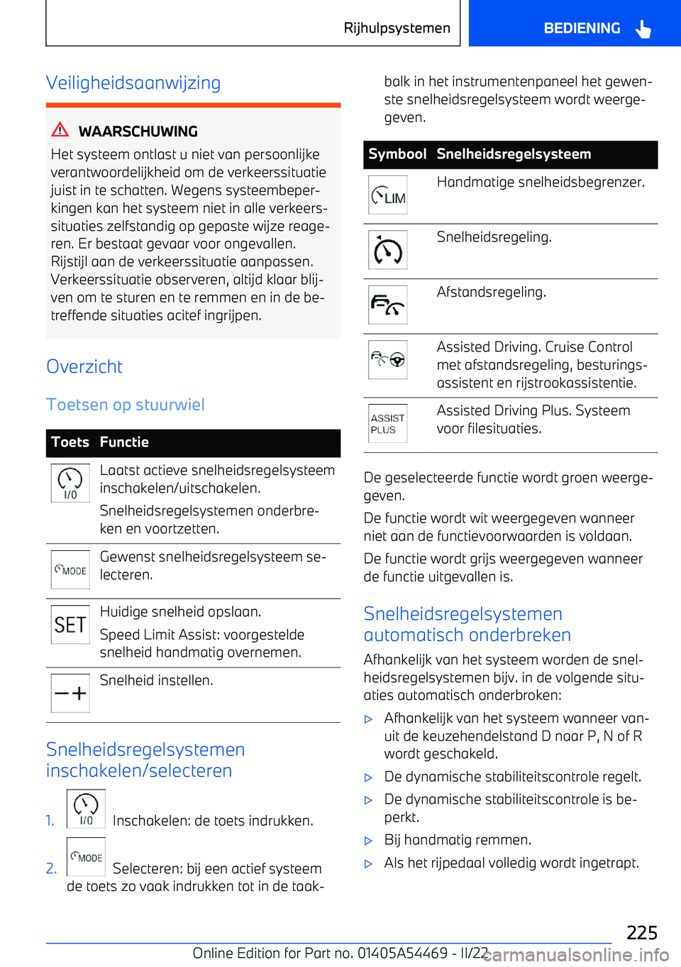 BMW IX 2022 Instructieboekjes (in Dutch) Veiligheidsaanwijzing
WAARSCHUWING
Het systeem ontlast u niet van persoonlijke
verantwoordelijkheid om de verkeerssituatie juist in te schatten. Wegens systeembeper BMW IX 2022 Instructieboekjes (in Dutch) Veiligheidsaanwijzing
WAARSCHUWING
Het systeem ontlast u niet van persoonlijke
verantwoordelijkheid om de verkeerssituatie juist in te schatten. Wegens systeembeper