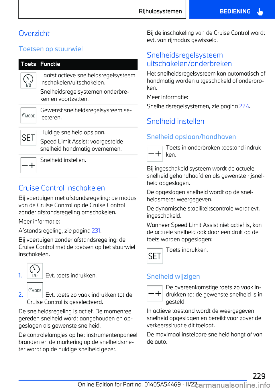 BMW IX 2022 Instructieboekjes (in Dutch) OverzichtToetsen op stuurwielToetsFunctieLaatst actieve snelheidsregelsysteem
inschakelen/uitschakelen.
Snelheidsregelsystemen onderbre BMW IX 2022 Instructieboekjes (in Dutch) OverzichtToetsen op stuurwielToetsFunctieLaatst actieve snelheidsregelsysteem
inschakelen/uitschakelen.
Snelheidsregelsystemen onderbre