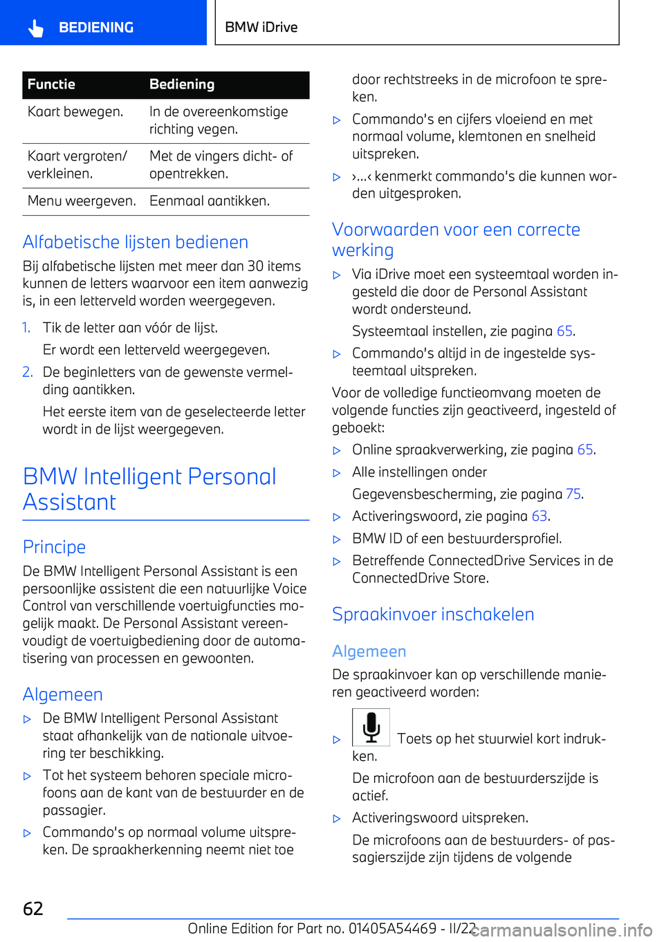 BMW IX 2022  Instructieboekjes (in Dutch) FunctieBedieningKaart bewegen.In de overeenkomstige
richting vegen.Kaart vergroten/
verkleinen.Met de vingers dicht