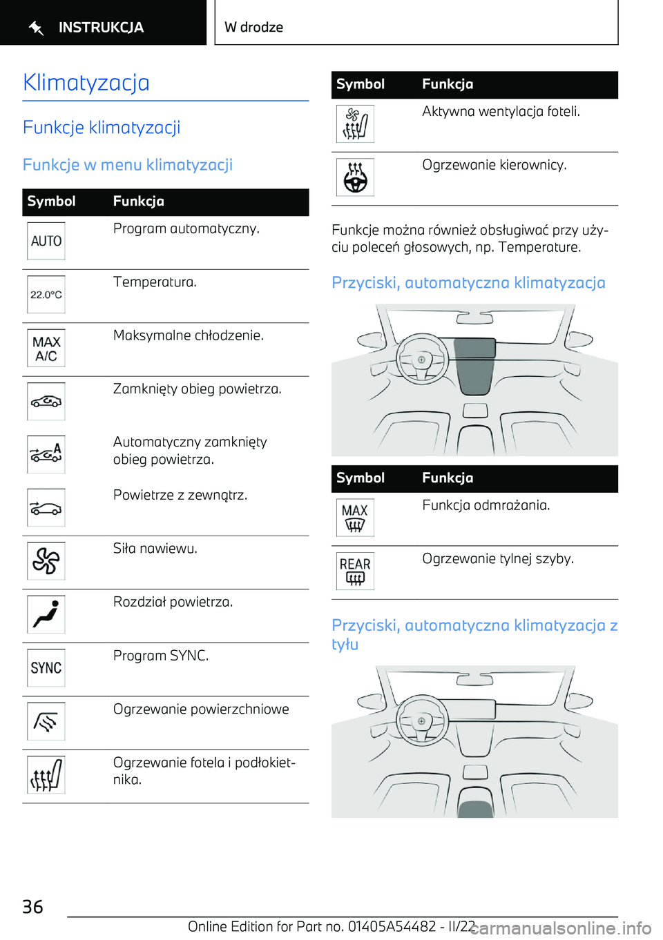 BMW IX 2022  Instrukcja obsługi (in Polish) Klimatyzacja
Funkcje klimatyzacjiFunkcje w menu klimatyzacji
SymbolFunkcjaProgram automatyczny.Temperatura.Maksymalne ch /odzenie.Zamkni 3ty obieg powietrza.Automatyczny zamkni 3ty
obieg powietrza.Pow