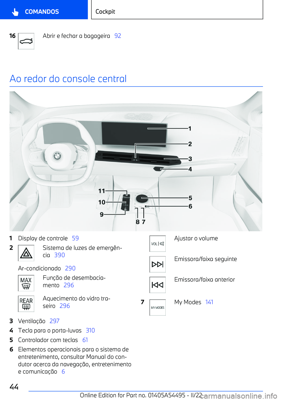 BMW IX 2022  Manual do condutor (in Portuguese) 16Abrir e fechar a bagageira   92
Ao redor do console central
1Display de controle   592Sistema de luzes de emerg
