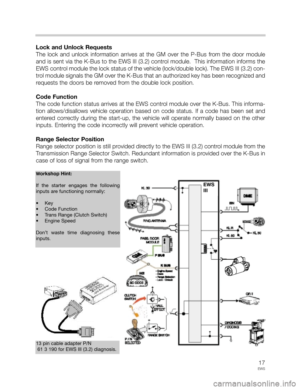 BMW 5 SERIES 1998 E39 Drive Away Protection Syst 17
EWS
Lock and Unlock Requests
The lock and unlock information arrives at the GM over the P-Bus from the door module
and is sent via the K-Bus to the EWS III (3.2) control module. Thi BMW 5 SERIES 1998 E39 Drive Away Protection Syst 17
EWS
Lock and Unlock Requests
The lock and unlock information arrives at the GM over the P-Bus from the door module
and is sent via the K-Bus to the EWS III (3.2) control module. Thi