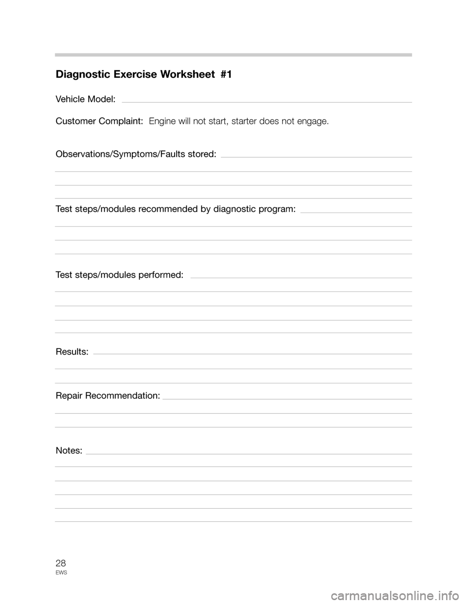 BMW Z8 2004 E52 Drive Away Protection Syst 28
EWS
Diagnostic Exercise Worksheet #1
Vehicle Model:
Customer Complaint:  Engine will not start, starter does not engage.
Observations/Symptoms/Faults stored:
Test steps/modules recommended by diagn