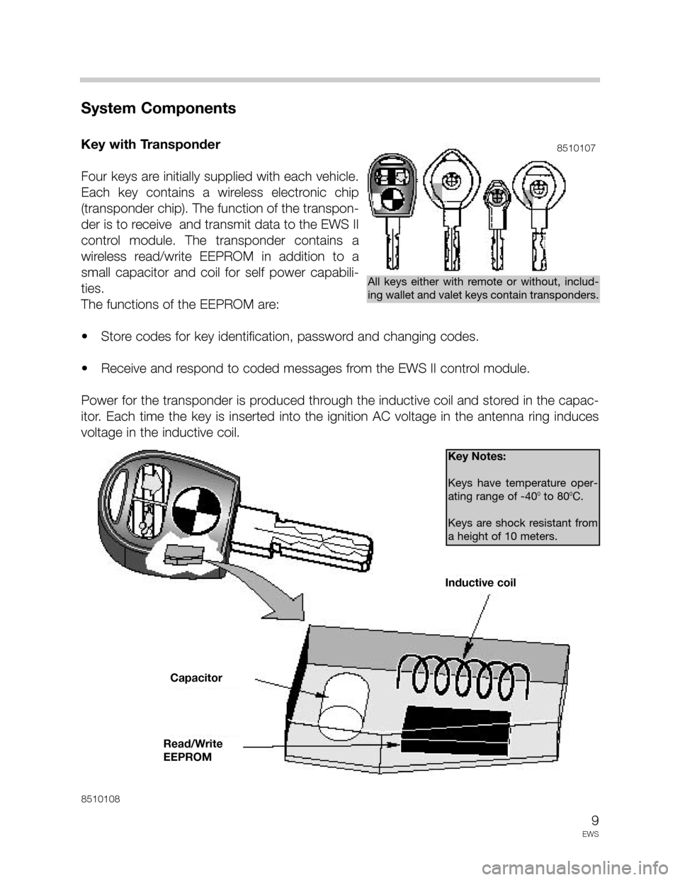 BMW 5 SERIES 1998 E39 Drive Away Protection Syst 9
EWS
System Components
Key with Transponder
Four keys are initially supplied with each vehicle.
Each key contains a wireless electronic chip
(transponder chip). The function of the transpon-
de BMW 5 SERIES 1998 E39 Drive Away Protection Syst 9
EWS
System Components
Key with Transponder
Four keys are initially supplied with each vehicle.
Each key contains a wireless electronic chip
(transponder chip). The function of the transpon-
de