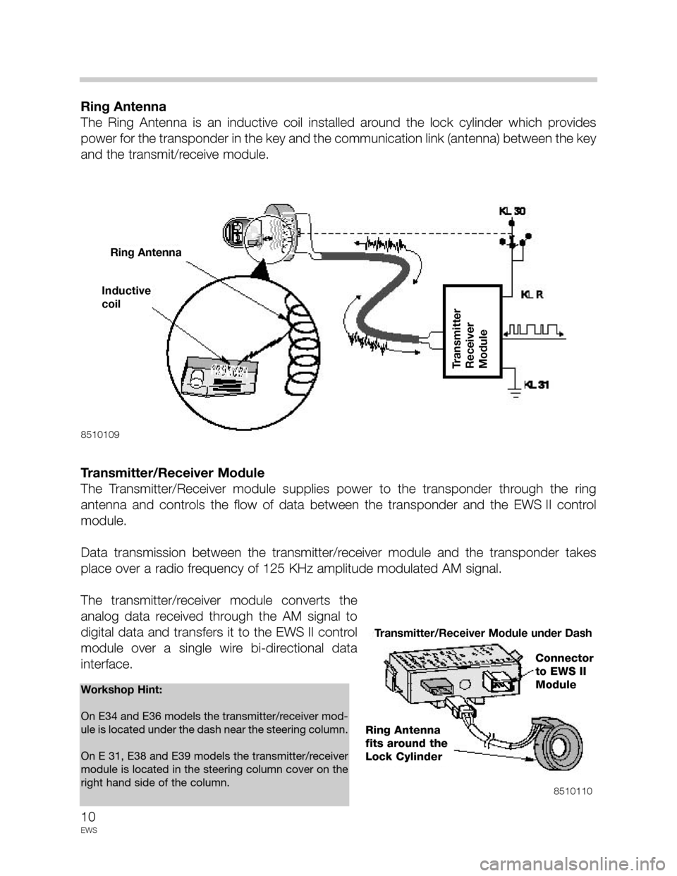 BMW 5 SERIES 1998 E39 Drive Away Protection Syst 10
EWS
Ring Antenna
The Ring Antenna is an inductive coil installed around the lock cylinder which provides
power for the transponder in the key and the communication link (antenna) betwe BMW 5 SERIES 1998 E39 Drive Away Protection Syst 10
EWS
Ring Antenna
The Ring Antenna is an inductive coil installed around the lock cylinder which provides
power for the transponder in the key and the communication link (antenna) betwe