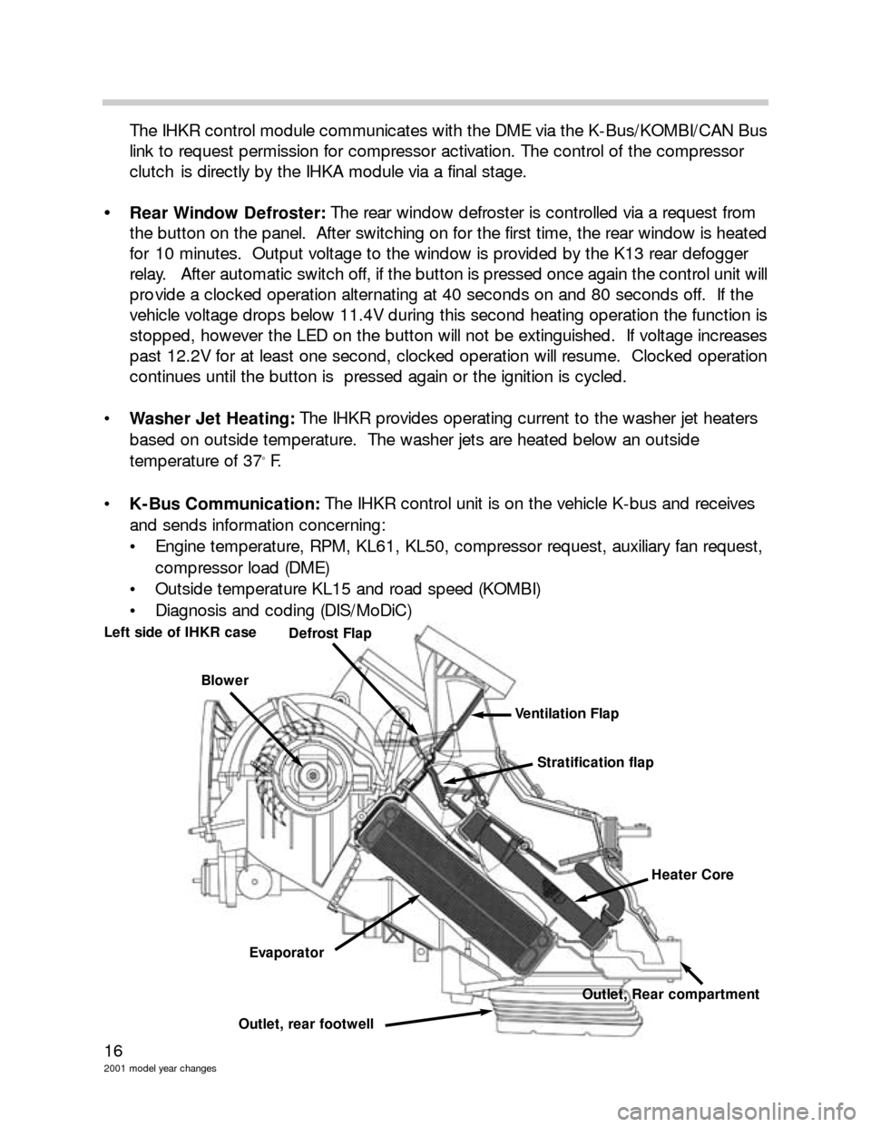 BMW 3 SERIES 2005 E46 Model Yar Changes 16
2001 model year changes
The IHKR control module communicates with the DME via the K-Bus/KOMBI/CAN Bus
link to request permission for compressor activation. The control of the compressor 
clutch  is