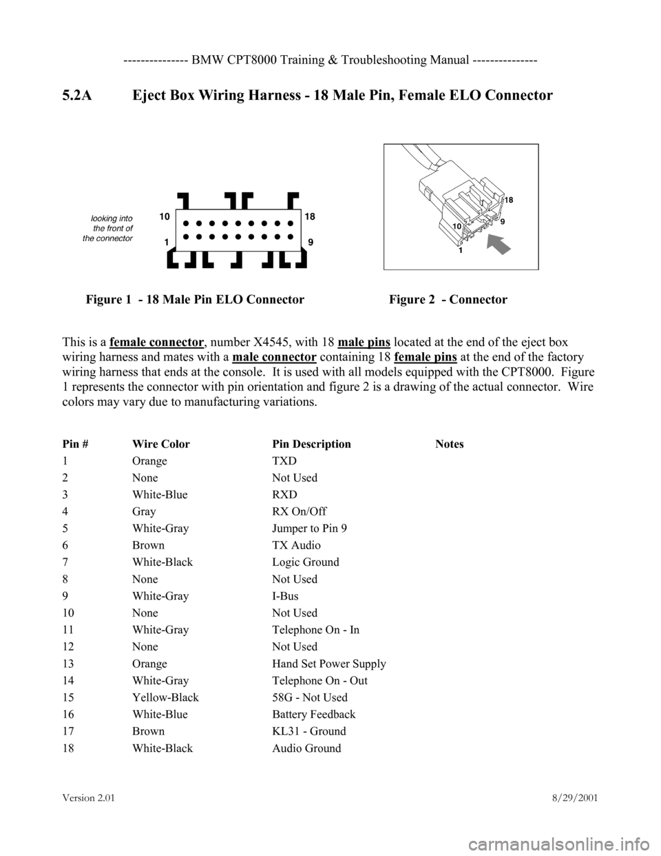 BMW 3 SERIES 2005 E46 CPT8000 Electrical Connectors And Wiring Diagrams Workshop Manual --------------- BMW CPT8000 Training & Troubleshooting Manual ---------------
Version 2.01 8/29/2001
5.2A Eject Box Wiring Harness - 18 Male Pin, Female ELO Connector
Figure 1 BMW 3 SERIES 2005 E46 CPT8000 Electrical Connectors And Wiring Diagrams Workshop Manual --------------- BMW CPT8000 Training & Troubleshooting Manual ---------------
Version 2.01 8/29/2001
5.2A Eject Box Wiring Harness - 18 Male Pin, Female ELO Connector
Figure 1