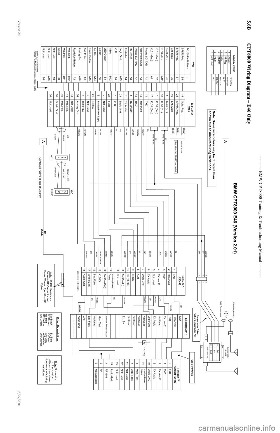 BMW 3 SERIES 2005 E46 CPT8000 Electrical Connectors And Wiring Diagrams Workshop Manual ---------- BMW CPT8000 Training & Troubleshooting Manual ----------
Versio n 2 .01 8/29/2001
5.6B CPT8000 Wiring Diagram – E46 Only
TCU 28 Pin MultilockSPKR Pos.SPKR Neg.Ent. MuteKL30 BMW 3 SERIES 2005 E46 CPT8000 Electrical Connectors And Wiring Diagrams Workshop Manual ---------- BMW CPT8000 Training & Troubleshooting Manual ----------
Versio n 2 .01 8/29/2001
5.6B CPT8000 Wiring Diagram – E46 Only
TCU 28 Pin MultilockSPKR Pos.SPKR Neg.Ent. MuteKL30