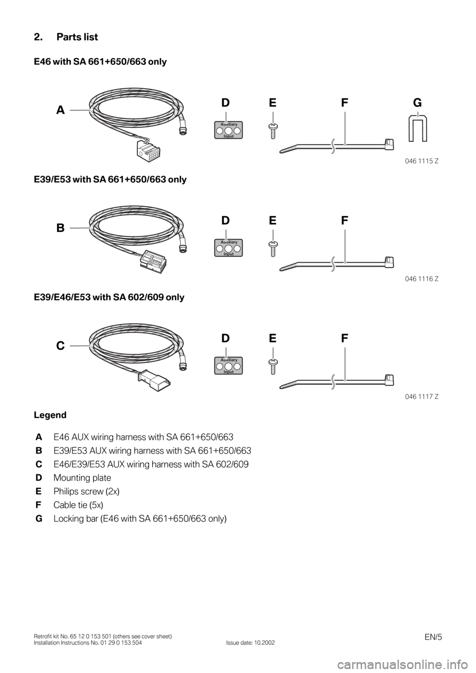 BMW 3 SERIES 2005 E46 Auxilliary Connector Installation Instruction Manual EN/5Retrofit kit No. 65 12 0 153 501 (others see cover sheet)
Installation Instructions No. 01 29 0 153 504 Issue date: 10.2002
2. Parts list
E46 with SA 661+650/663 only
0
E39/E53 with SA 661+650/663 BMW 3 SERIES 2005 E46 Auxilliary Connector Installation Instruction Manual EN/5Retrofit kit No. 65 12 0 153 501 (others see cover sheet)
Installation Instructions No. 01 29 0 153 504 Issue date: 10.2002
2. Parts list
E46 with SA 661+650/663 only
0
E39/E53 with SA 661+650/663
