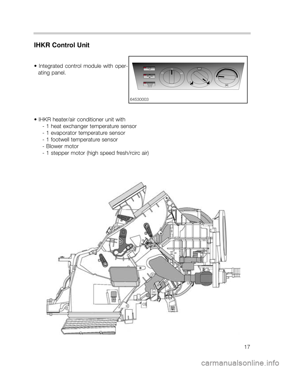 BMW X5 2000 E53 Workshop Manual 17
IHKR Control Unit
•  Integrated  control  module  with  oper-
ating panel.
• IHKR heater/air conditioner unit with
- 1 heat exchanger temperature sensor
- 1 evaporator temperature sensor
- 1 fo