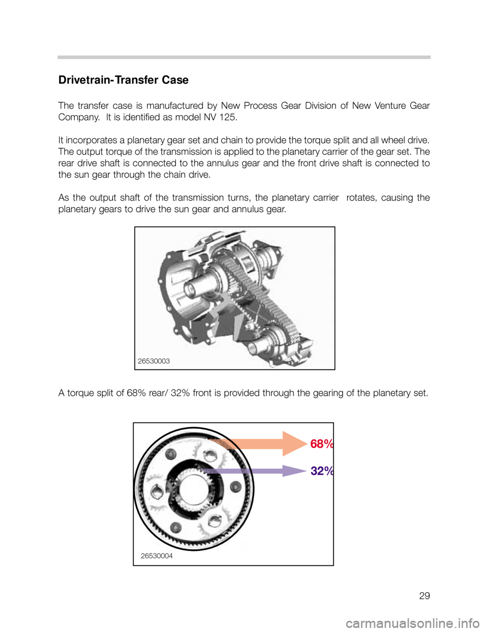 BMW X5 2004 E53 Workshop Manual 29
Drivetrain-Transfer Case
The  transfer  case  is  manufactured  by  New  Process  Gear  Division  of  New  Venture  Gear
Company.  It is identified as model NV 125.
It incorporates a planetary gear