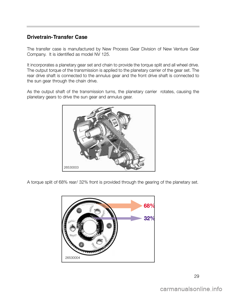 BMW X5 2005 E53 Owners Manual 29
Drivetrain-Transfer Case
The  transfer  case  is  manufactured  by  New  Process  Gear  Division  of  New  Venture  Gear
Company.  It is identified as model NV 125.
It incorporates a planetary gear