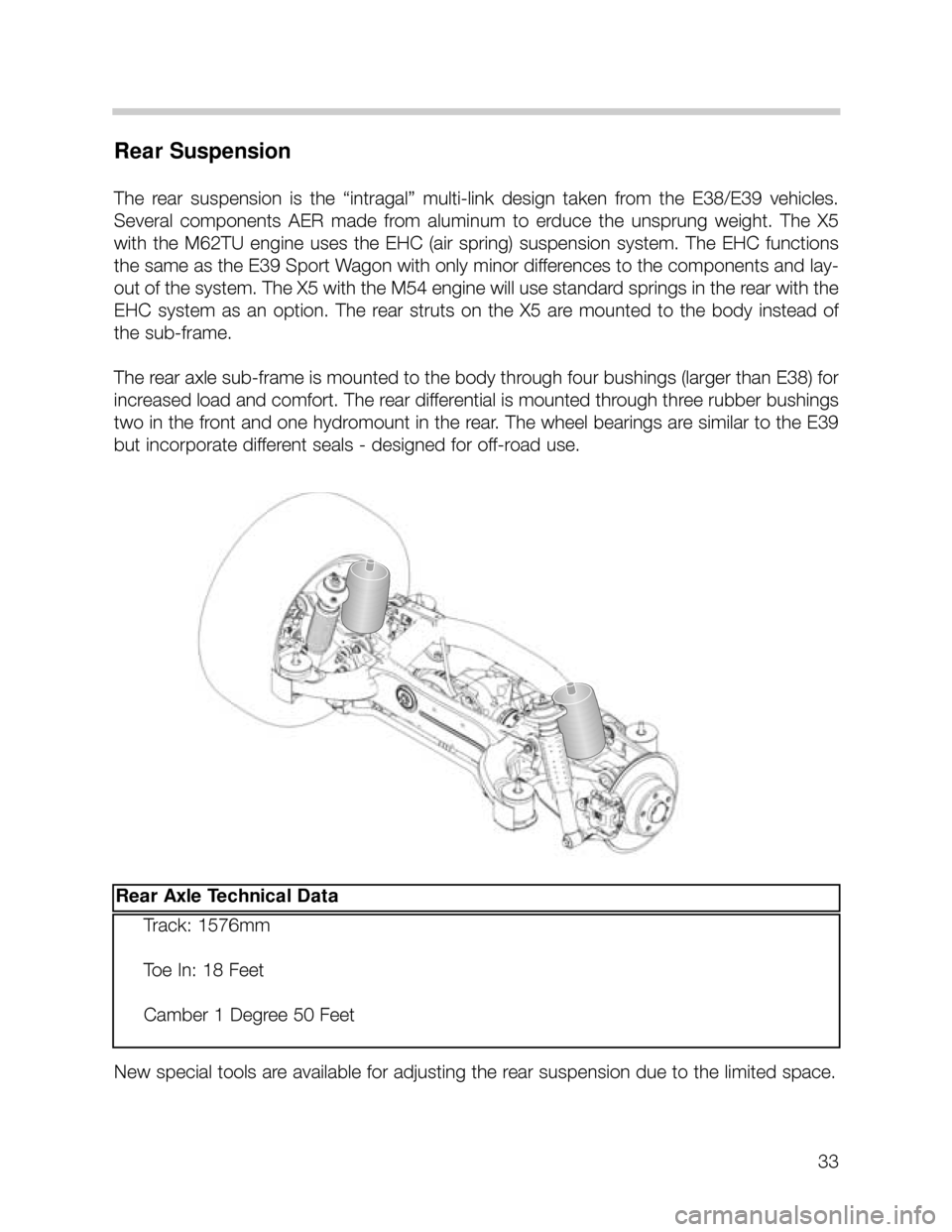 BMW X5 1999 E53 Workshop Manual 33
Rear Suspension
The  rear  suspension  is  the  “intragal”  multi-link  design  taken  from  the  E38/E39  vehicles.
Several  components  AER  made  from  aluminum  to  erduce  the  unsprung  w