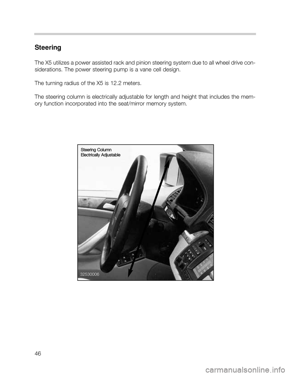 BMW X5 2001 E53 Service Manual 46
Steering
The X5 utilizes a power assisted rack and pinion steering system due to all wheel drive con-
siderations. The power steering pump is a vane cell design. 
The turning radius of the X5 is 12