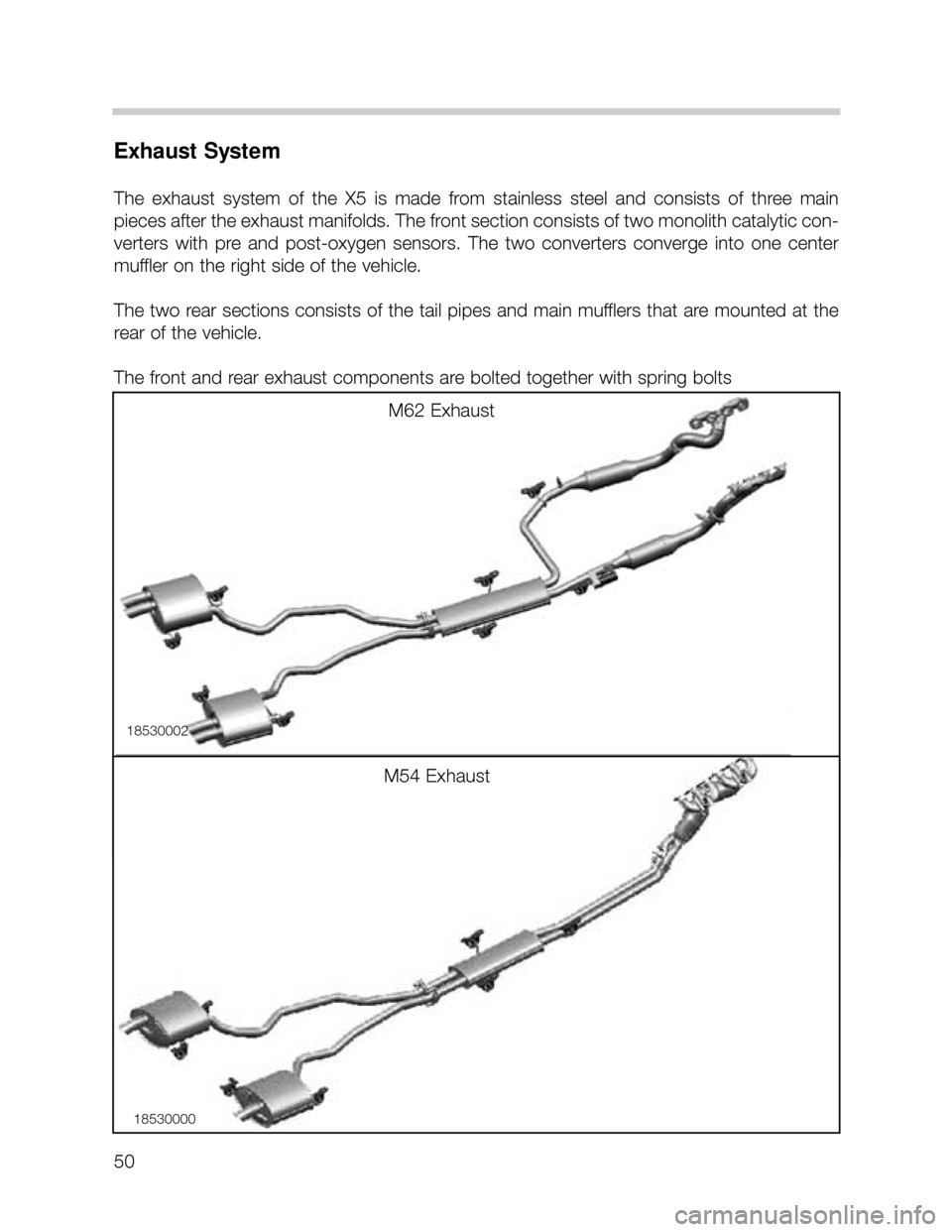 BMW X5 2000 E53 Service Manual 50
Exhaust System
The  exhaust  system  of  the  X5  is  made  from  stainless  steel  and  consists  of  three  main
pieces after the exhaust manifolds. The front section consists of two monolith cat