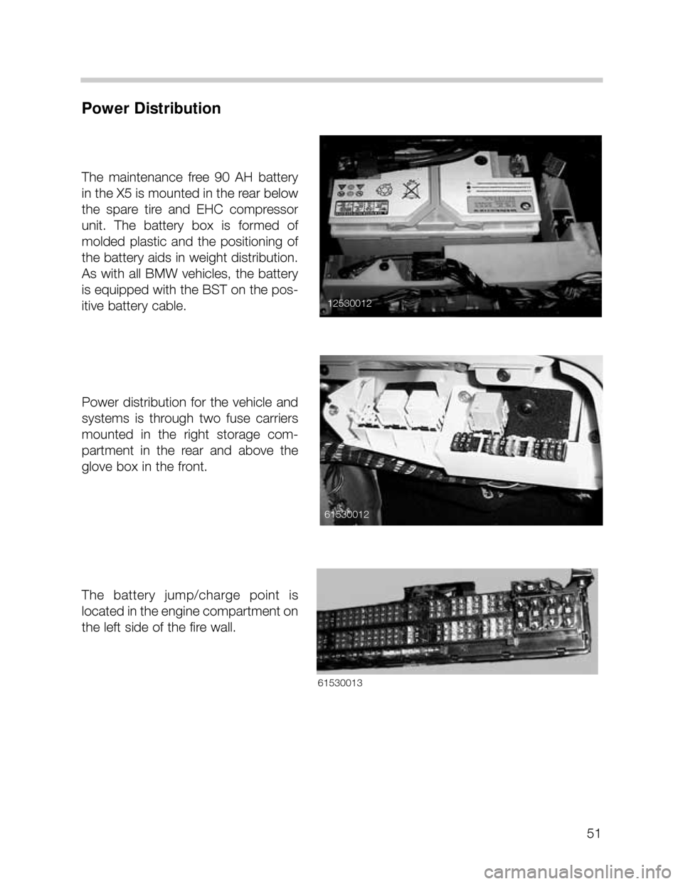 BMW X5 2001 E53 Repair Manual 51
Power Distribution
The  maintenance  free  90  AH  battery
in the X5 is mounted in the rear below
the  spare  tire  and  EHC  compressor
unit.  The  battery  box  is  formed  of
molded  plastic  an