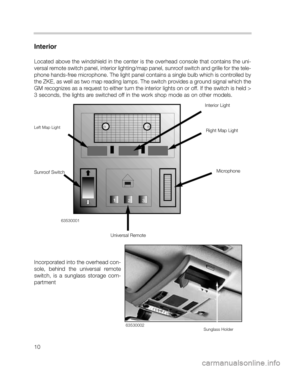 BMW X5 2005 E53 Workshop Manual 10
Interior
Located above the windshield in the center is the overhead console that contains the uni-
versal remote switch panel, interior lighting/map panel, sunroof switch and grille for the tele-
p BMW X5 2005 E53 Workshop Manual 10
Interior
Located above the windshield in the center is the overhead console that contains the uni-
versal remote switch panel, interior lighting/map panel, sunroof switch and grille for the tele-
p