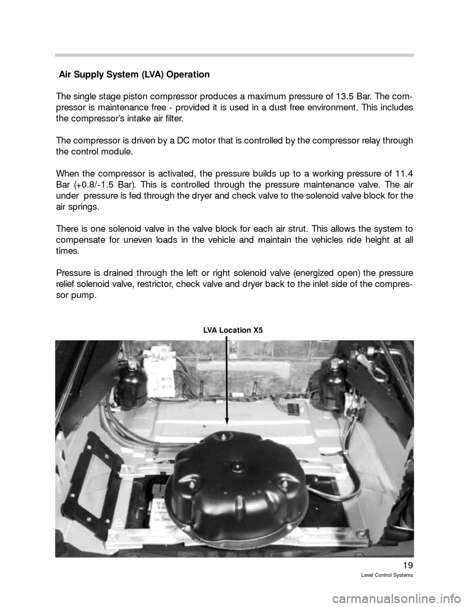 BMW 750IL 1993 E32 Level Control System Manual 19
Level Control Systems
Air Supply System (LVA) Operation
The single stage piston compressor produces a maximum pressure of 13.5 Bar. The com-
pressor is maintenance free - provided it is used in a d BMW 750IL 1993 E32 Level Control System Manual 19
Level Control Systems
Air Supply System (LVA) Operation
The single stage piston compressor produces a maximum pressure of 13.5 Bar. The com-
pressor is maintenance free - provided it is used in a d