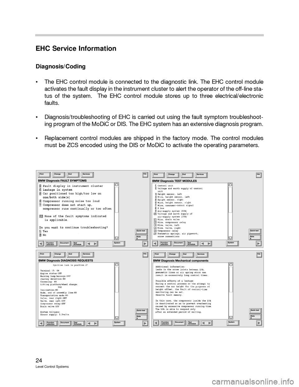 BMW 750IL 1997 E38 Level Control System Manual 24
Level Control Systems
EHC Service Information
Diagnosis/Coding
The EHC control module is connected to the diagnostic link. The EHC control module
activates the fault display in the instrument clu BMW 750IL 1997 E38 Level Control System Manual 24
Level Control Systems
EHC Service Information
Diagnosis/Coding
The EHC control module is connected to the diagnostic link. The EHC control module
activates the fault display in the instrument clu
