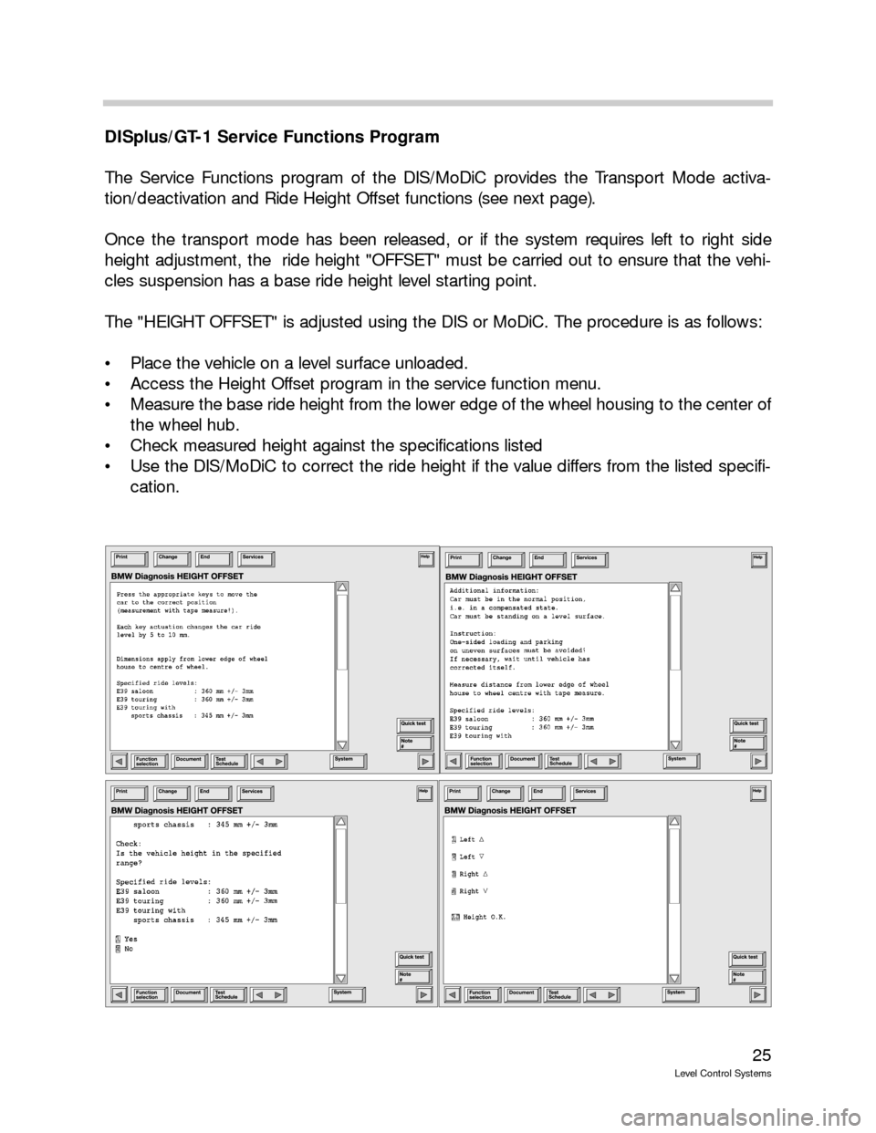 BMW 750IL 1992 E32 Level Control System Manual 25
Level Control Systems
DISplus/GT-1 Service Functions Program
The Service Functions program of the DIS/MoDiC provides the Transport Mode activa-
tion/deactivation and Ride Height Offset functions (s