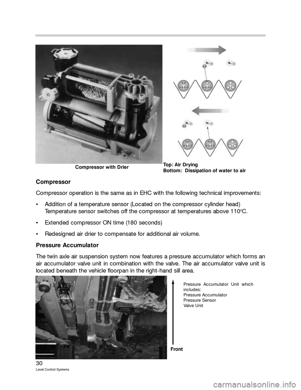 BMW X5 2006 E53 Level Control System Manual 30
Level Control Systems
Compressor
Compressor operation is the same as in EHC with the following technical improvements:
Addition of a temperature sensor (Located on the compressor cylinder head)
T BMW X5 2006 E53 Level Control System Manual 30
Level Control Systems
Compressor
Compressor operation is the same as in EHC with the following technical improvements:
Addition of a temperature sensor (Located on the compressor cylinder head)
T