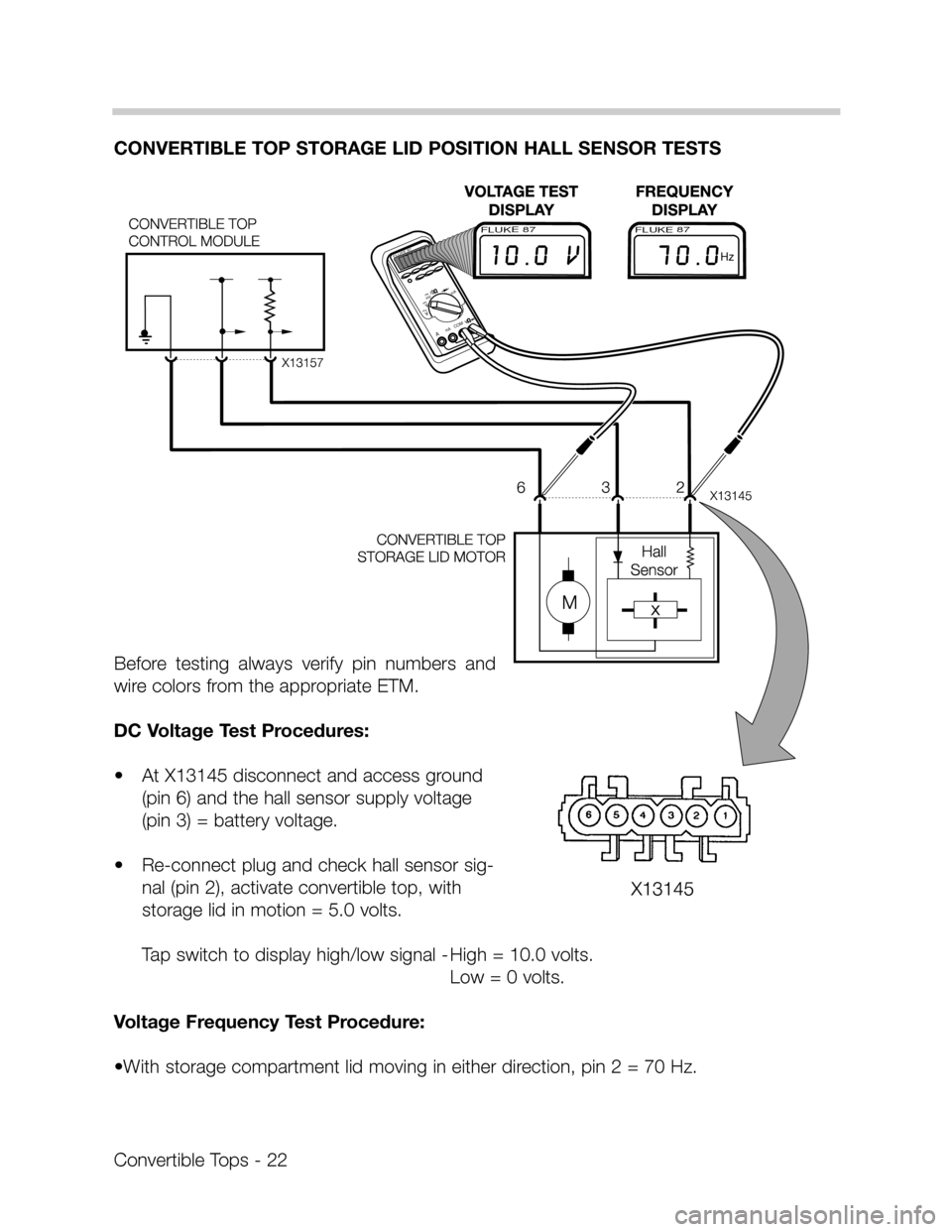 BMW 318I CONVERTIBLE 1997 E36 Convertible Tops Manual CONVERTIBLE TOP STORAGE LID POSITION HALL SENSOR TESTS
Before  testing  always  verify  pin  numbers  and
wire colors from the appropriate ETM.
DC Voltage Test Procedures:
•At X13145 disconnect and 